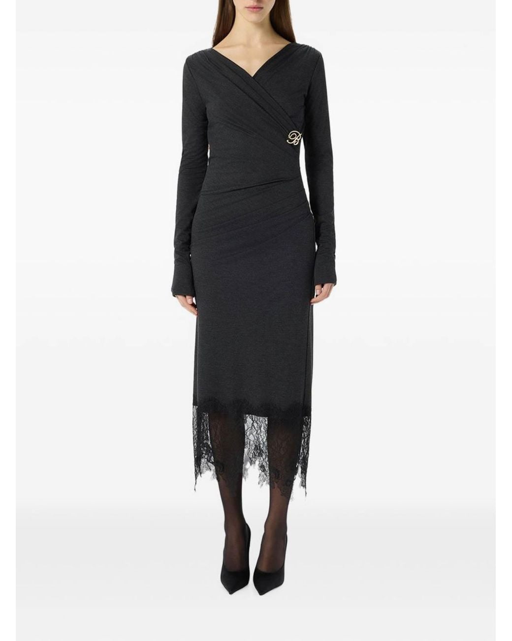 Blumarine Black V-Neck Dress With Lace Details