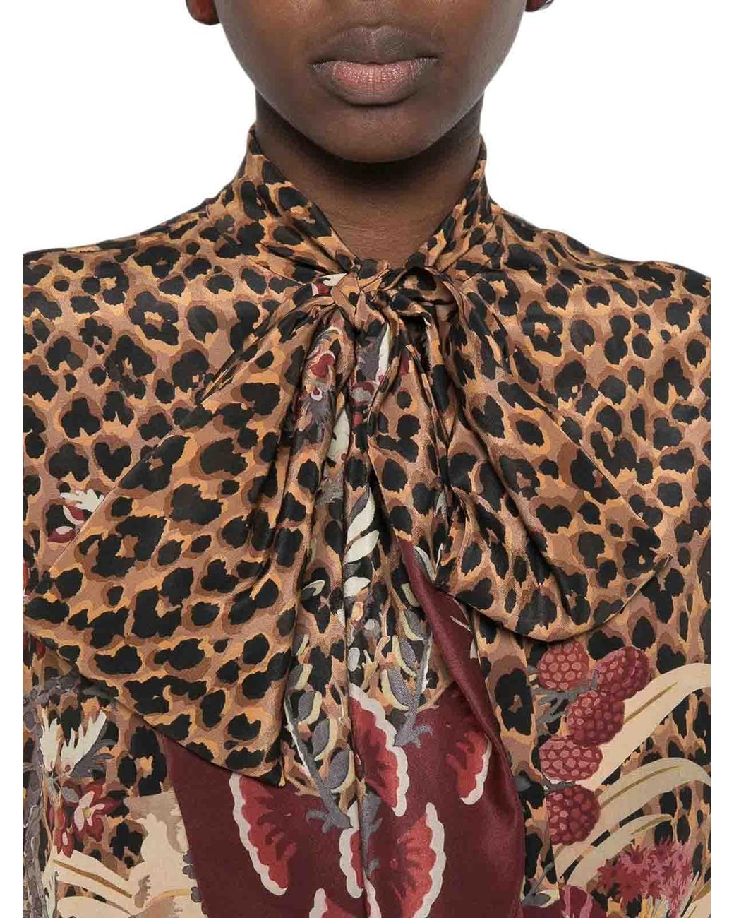 Etro Brown Animal And Floral Printed Shirt With Neck Bow