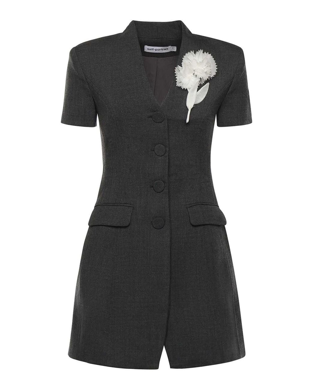 Self-Portrait Black Floral Detail Mini Dress With Button Fastening And Pockets
