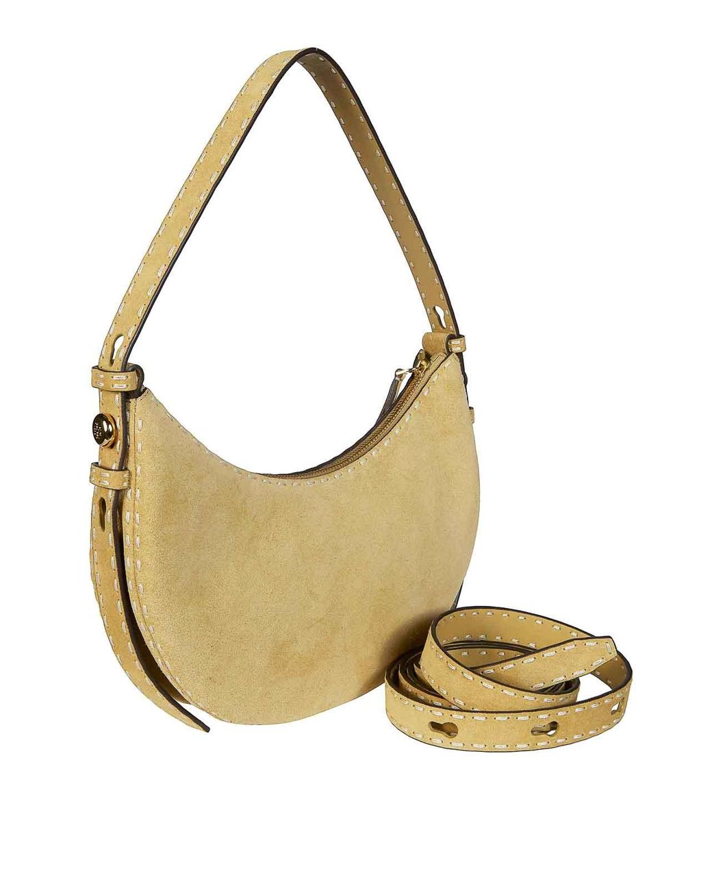 Tory Burch Metallic Romy Suede Pick Stitch Half Moon Bag