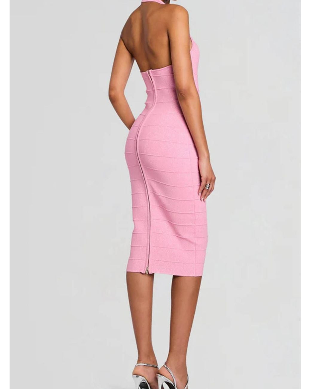 retroféte Pink Strapless Midi Dress With A Halterneck