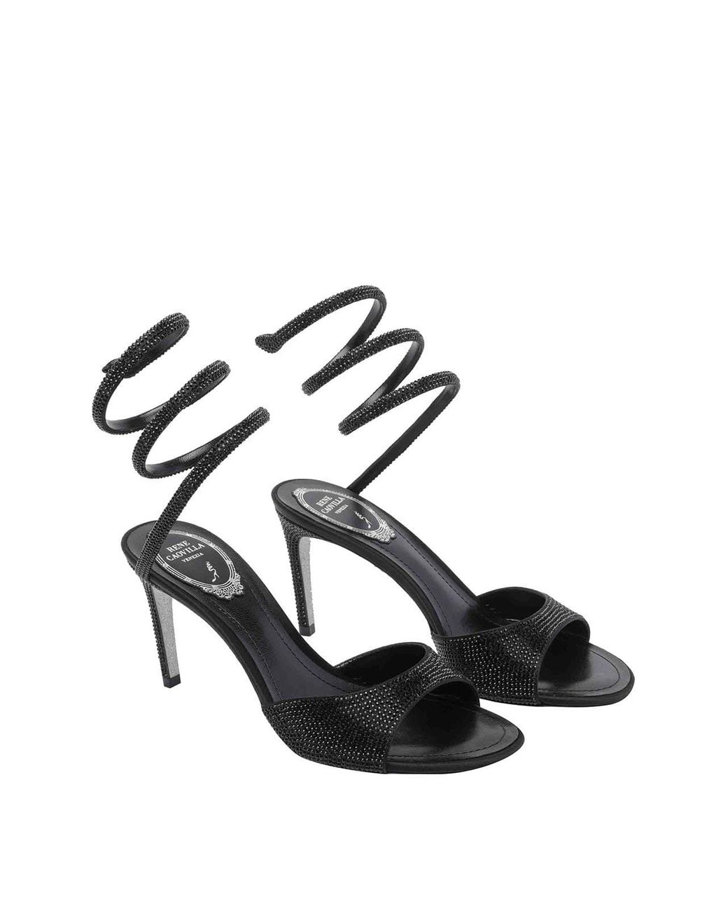 Rene Caovilla Black Calfskin Heeled Sandals