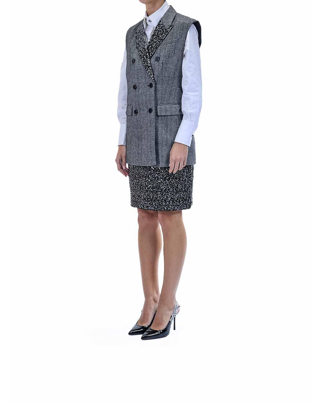 Karl Lagerfeld Gray Embellished Lapel Tweed Gilet