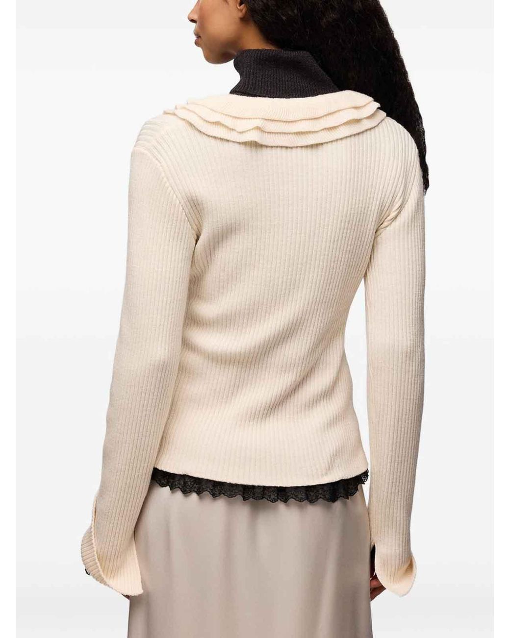 Ganni White Ribbed Merino Wool Frill Sweater