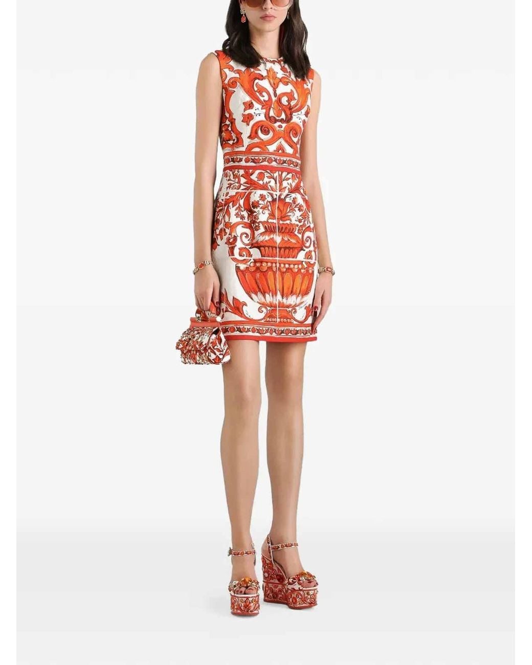 Dolce & Gabbana Red Majolica Print Sleeveless A Line Mini Dress