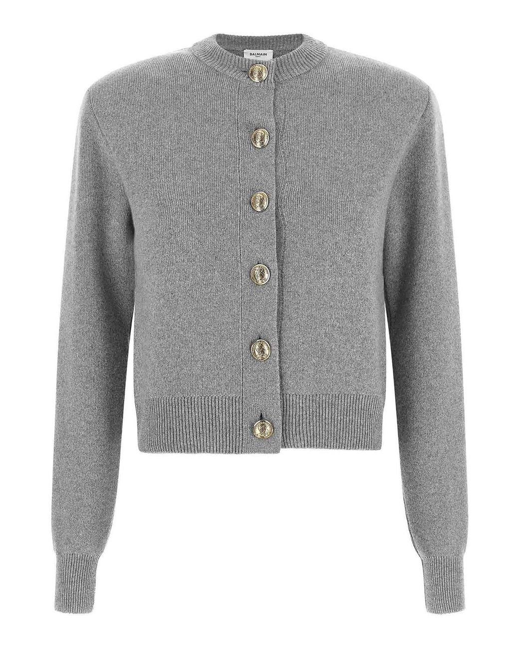 Balmain Gray Sculpture Button Crew Neck Cardigan