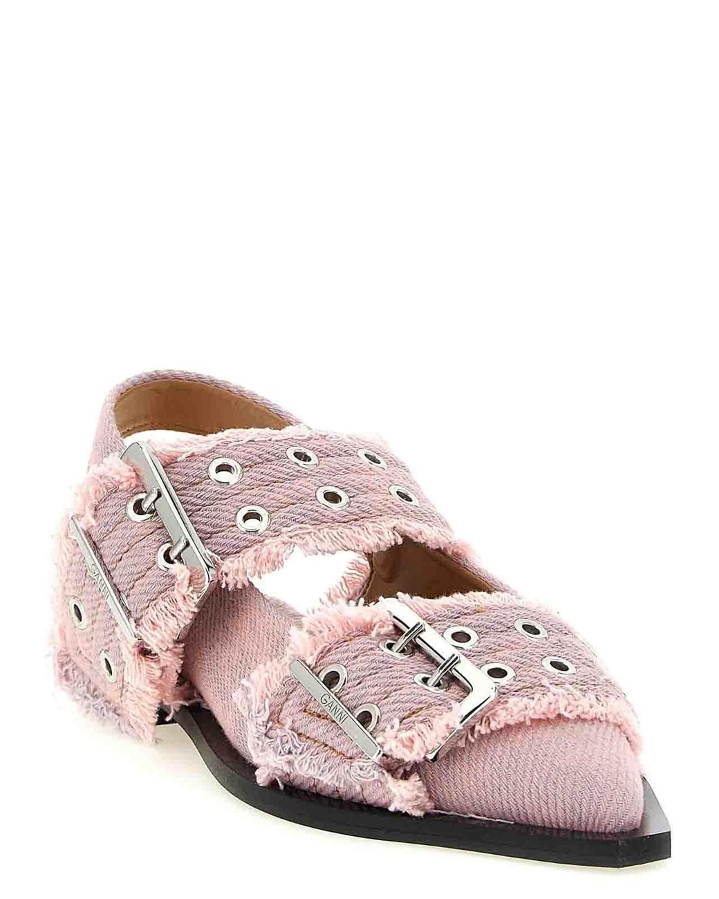 Ganni Pink Feminine Buckle Fringed Denim Slingback