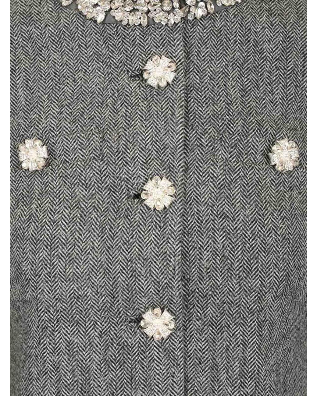 Self-Portrait Gray Herringbone Jacket With Crystal Trim