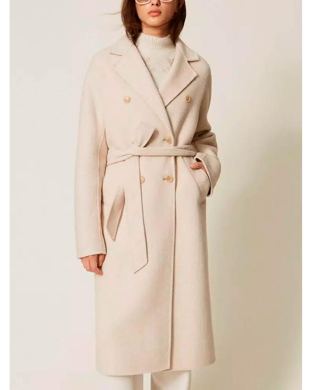Twinset Natural Double-Breasted Wool Coat With Belt