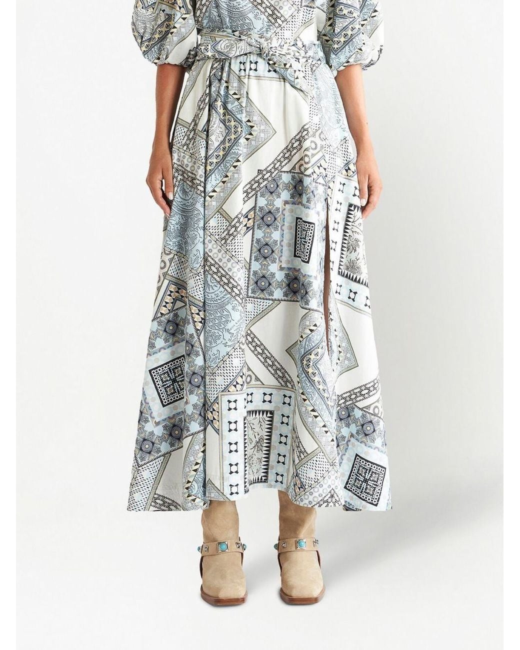 Etro White Geometric Print Cotton Long Skirt