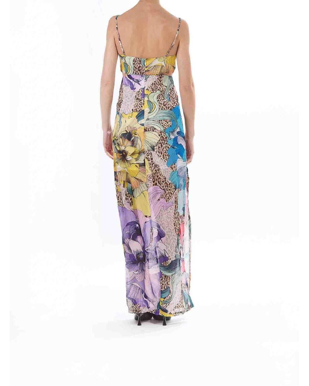 Just Cavalli White Long Element Dress Chiffon Print Flowers