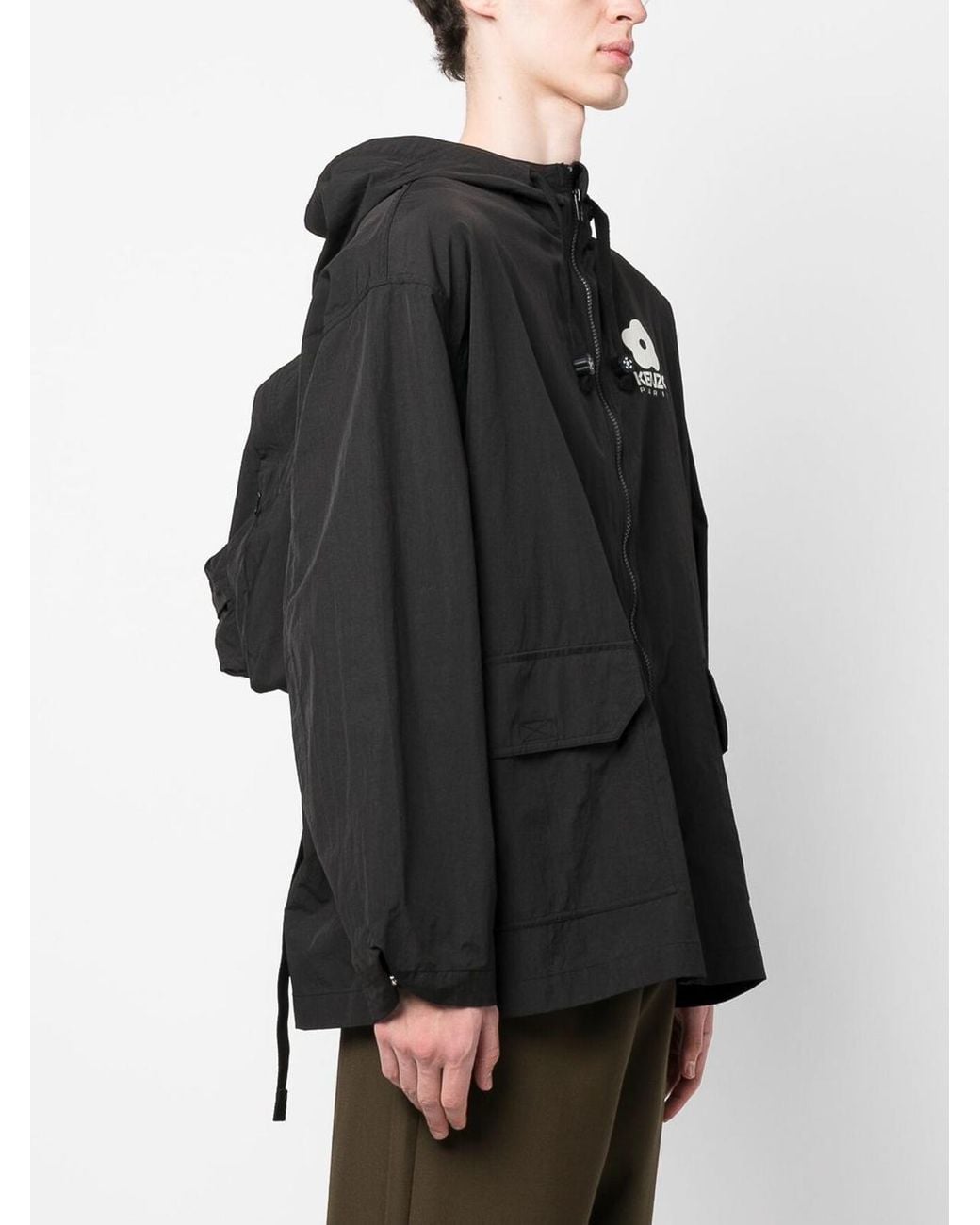 KENZO Black Zip-Up Hooded Jacket With Logo for men