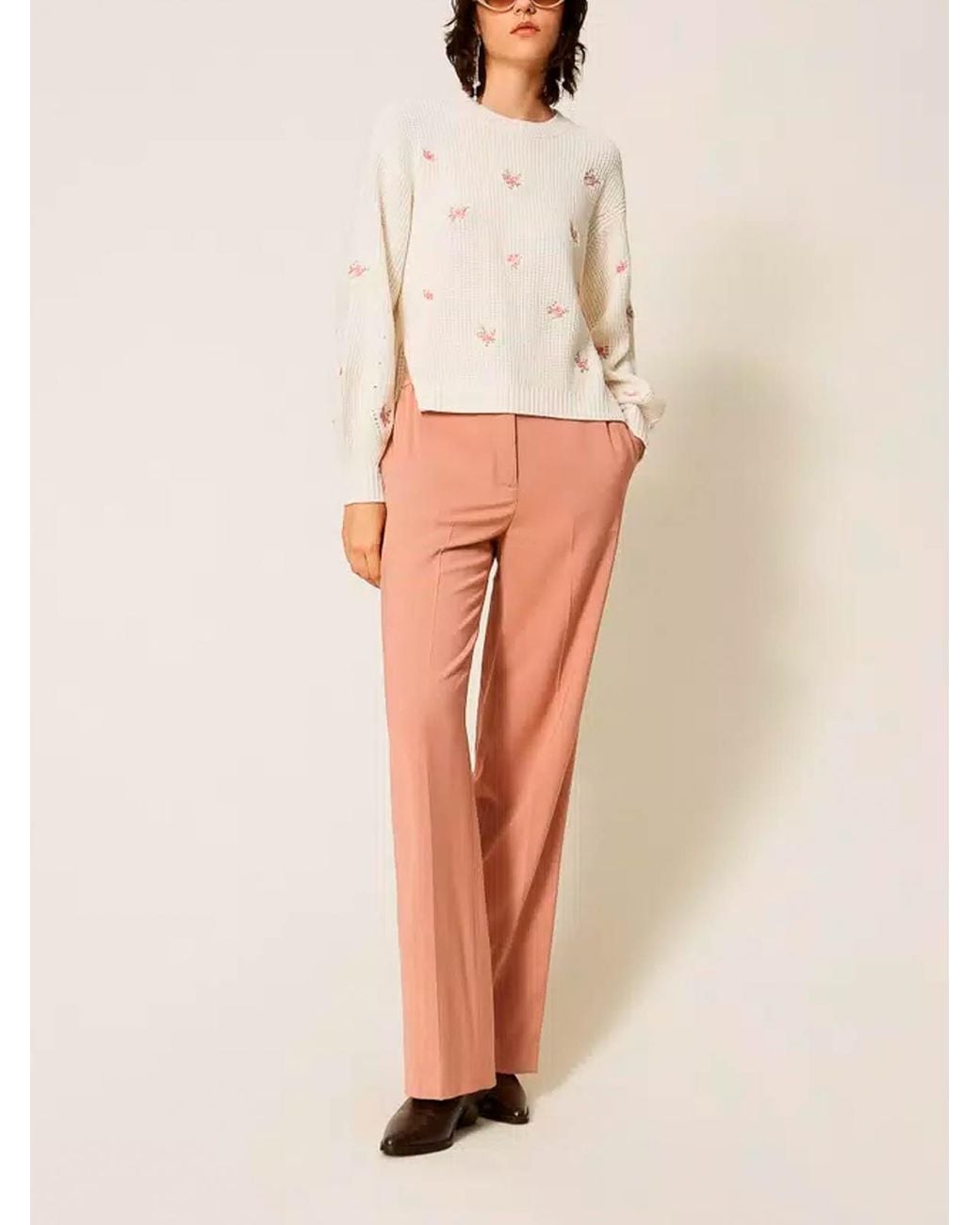 Twinset White Ribbed Sweater With Floral Embroidery
