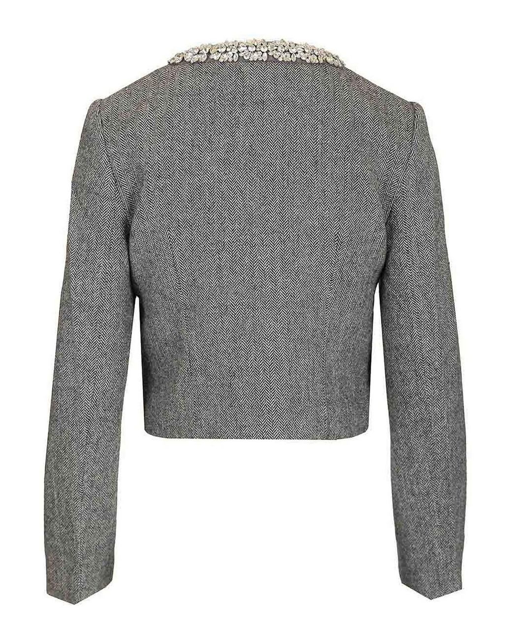 Self-Portrait Gray Herringbone Jacket With Crystal Trim