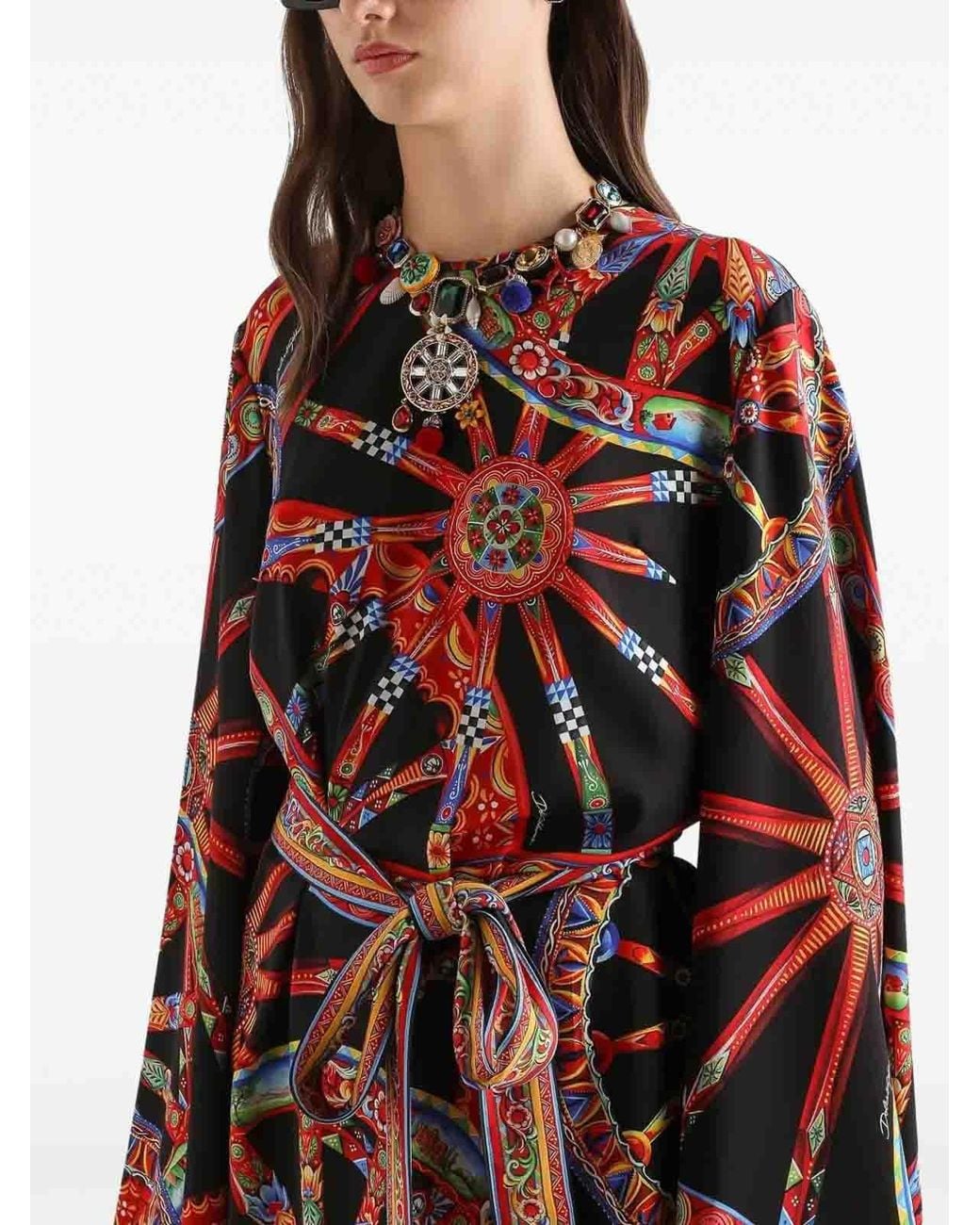 Dolce & Gabbana Red Silk Printed Long-Sleeve Mini Dress