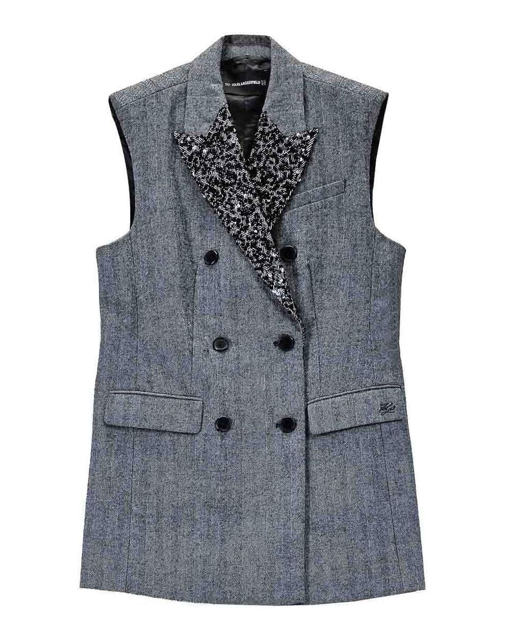 Karl Lagerfeld Gray Embellished Lapel Tweed Gilet