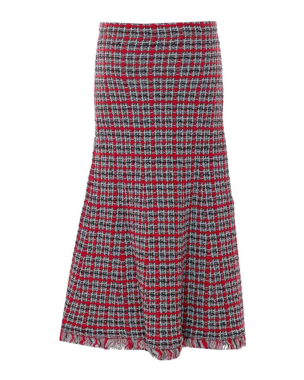 Self-Portrait Purple Check Frayed Knit Midi Skirt