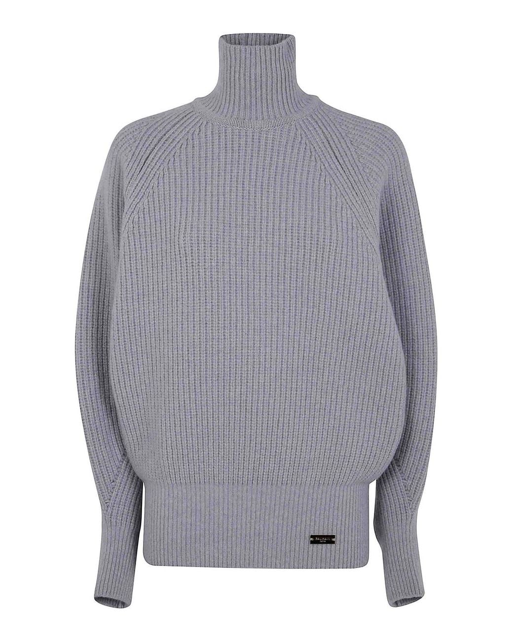 Balmain Gray Batwing Ribbed Knit Pull