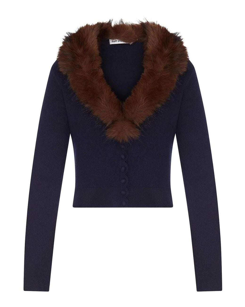Self-Portrait Blue Short Knit Cardigan With Faux Fur Collar