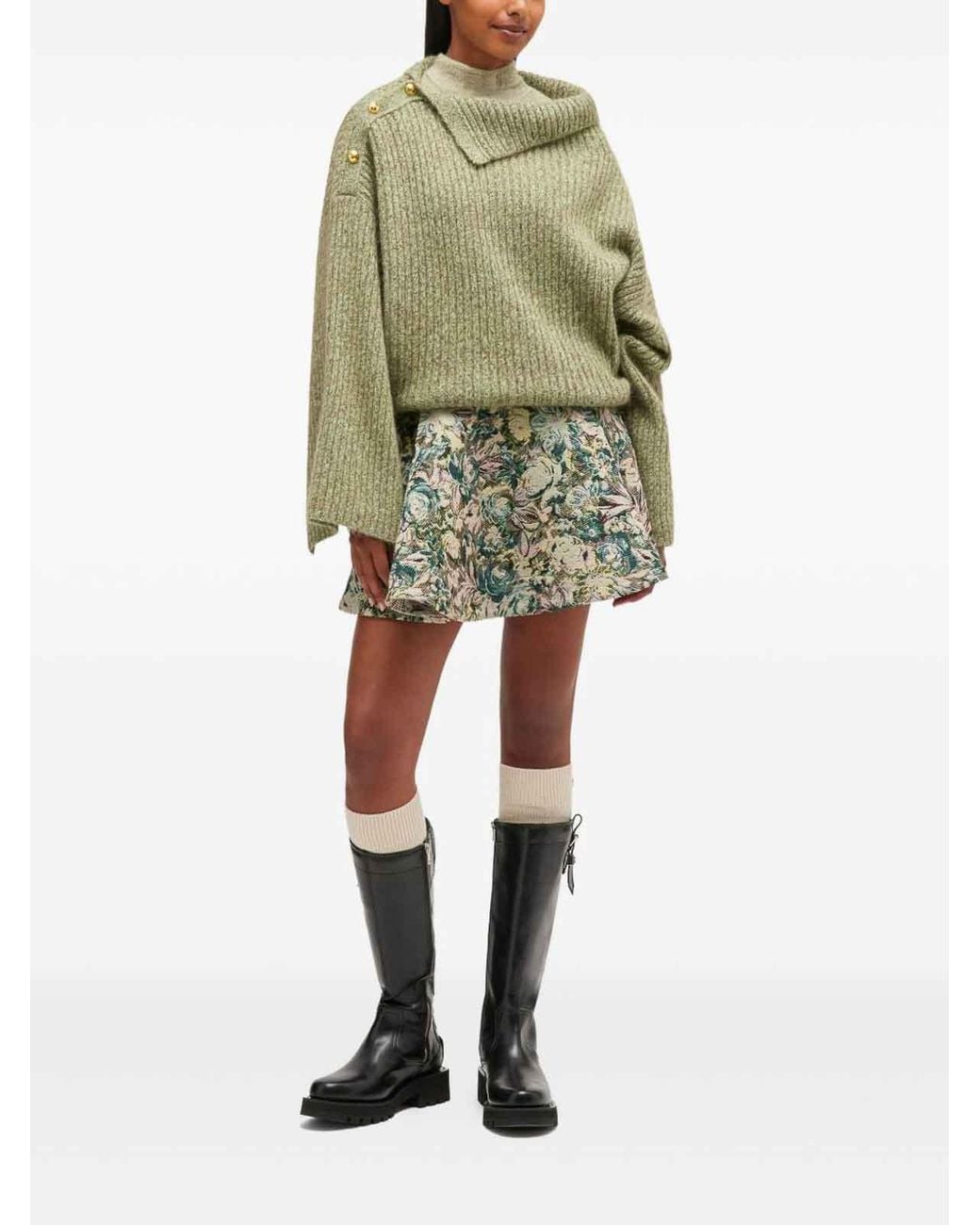 Ganni Green Wool Asymmetric Neck Sweater