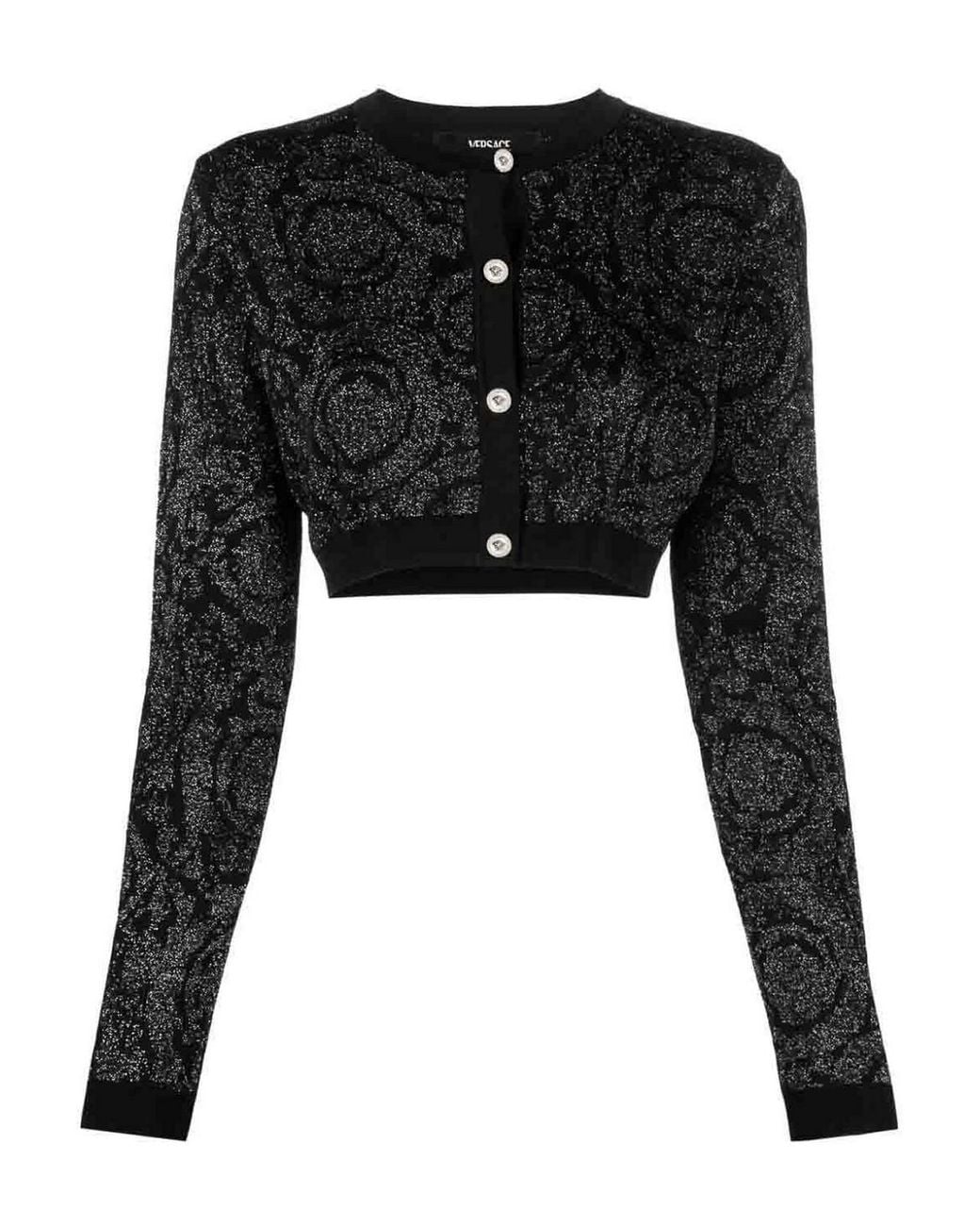 Versace Black Barocco Texture Knit Cropped Cardigan