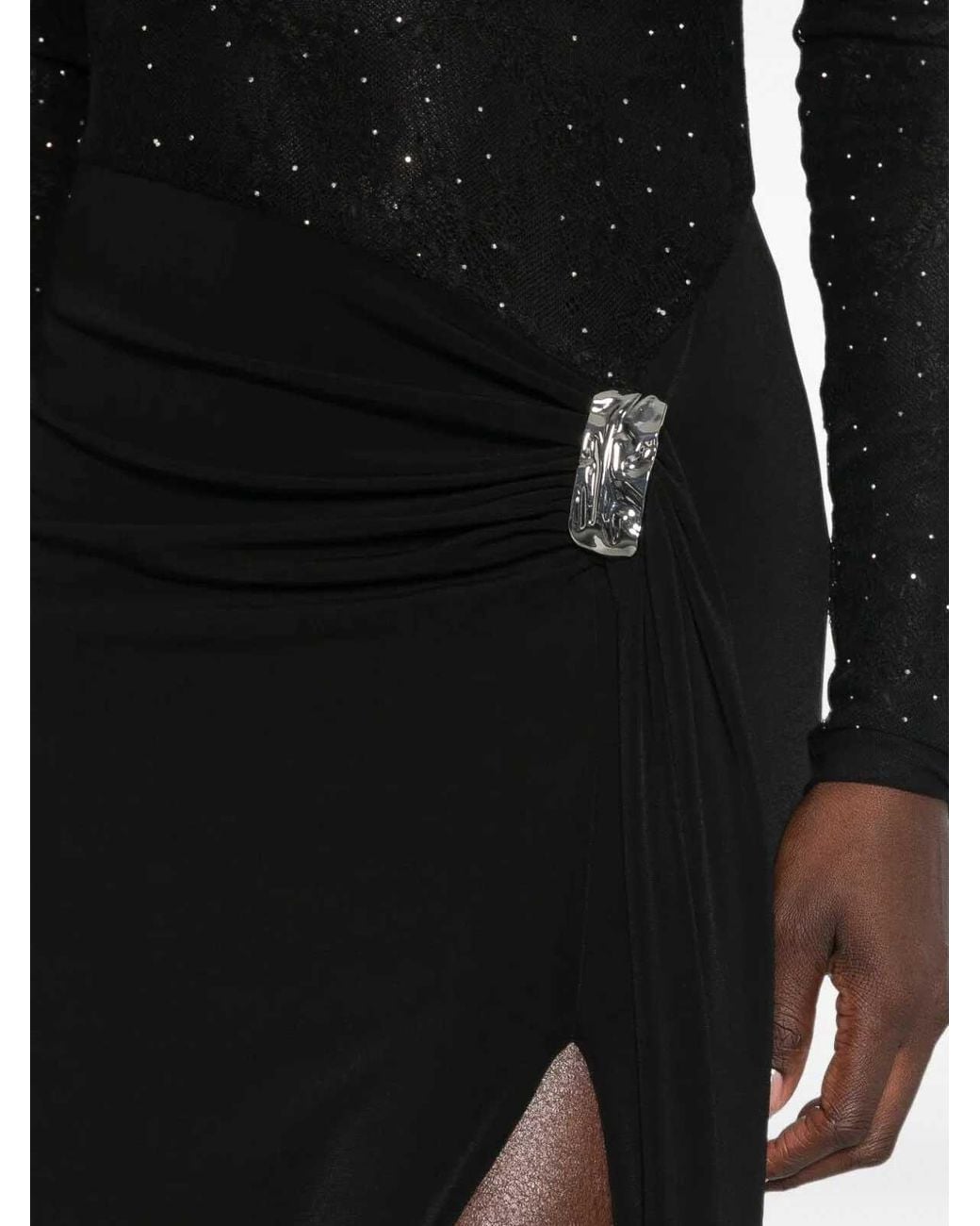 Nissa Black Rhinestone-Embellished Lace Maxi Dress