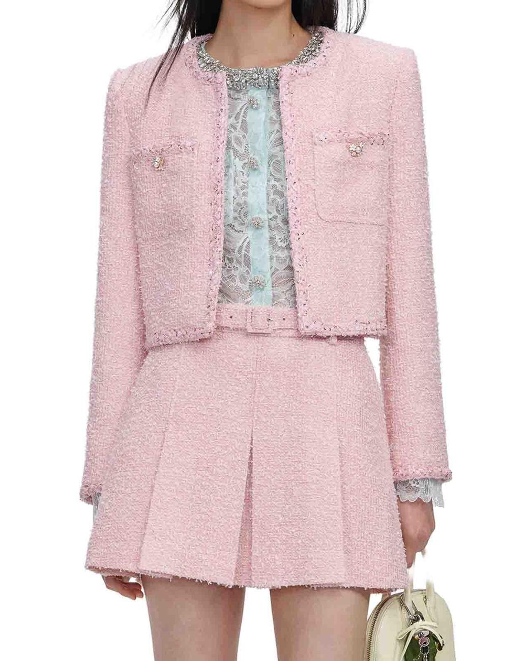 Self-Portrait Pink Cropped Boucle Jacket