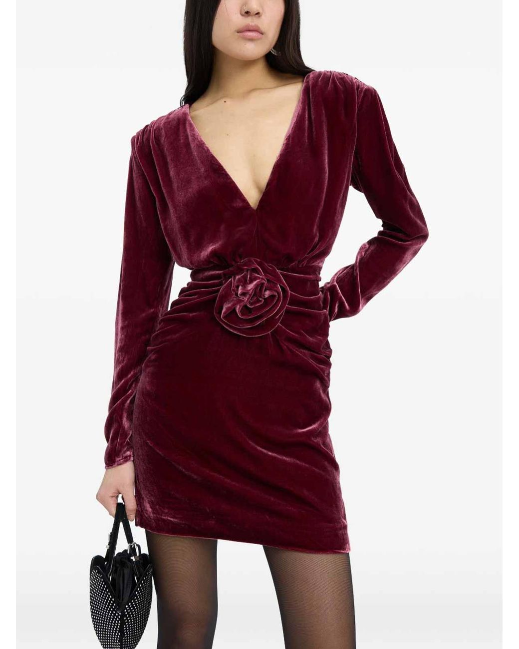ROTATE BIRGER CHRISTENSEN Red Elegant Velvet V-Neck Dress