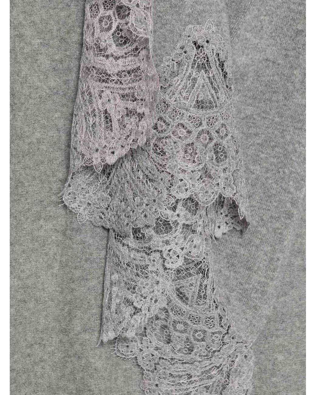 Ermanno Scervino Gray Pure Cashmere Scarf With Lace