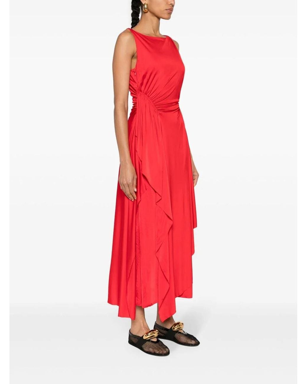 Lanvin Red Ruched Detailed Sleeveless Midi Dress