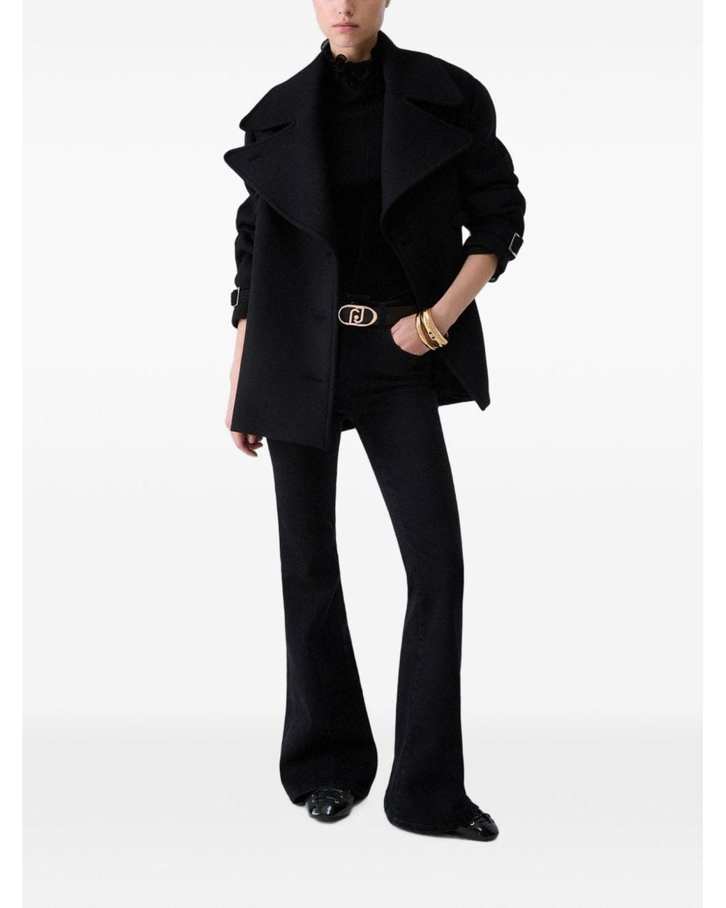 Liu Jo Black Wool Coat With Waist Belt