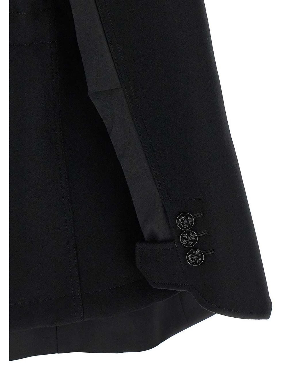 Sacai Black Wool Coat With Fur Insert