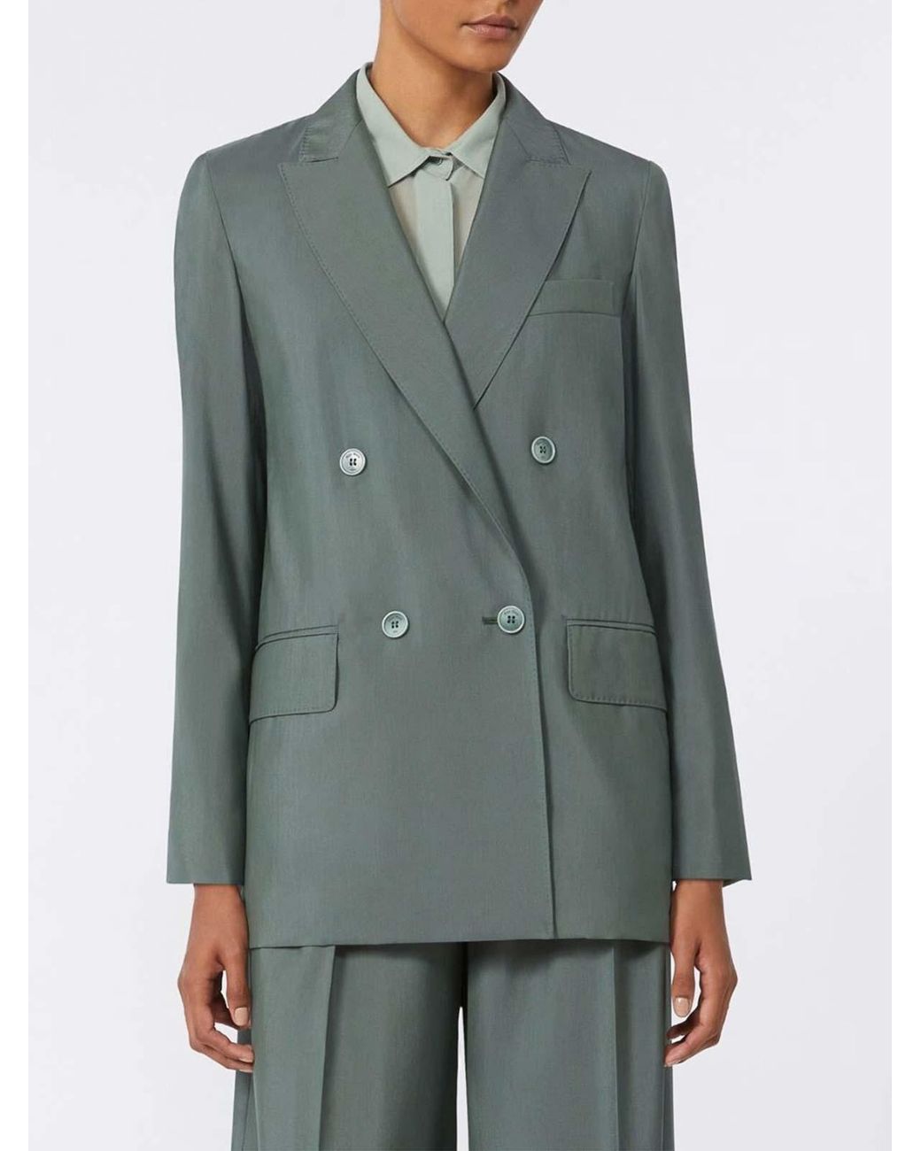 Max Mara Green Wool Silk Chevron Double-Breasted Blazer