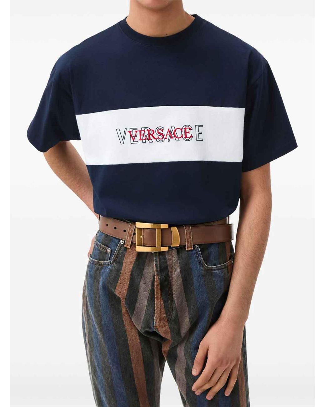 Versace Blue Intarsia Cotton-Jersey T-Shirt for men