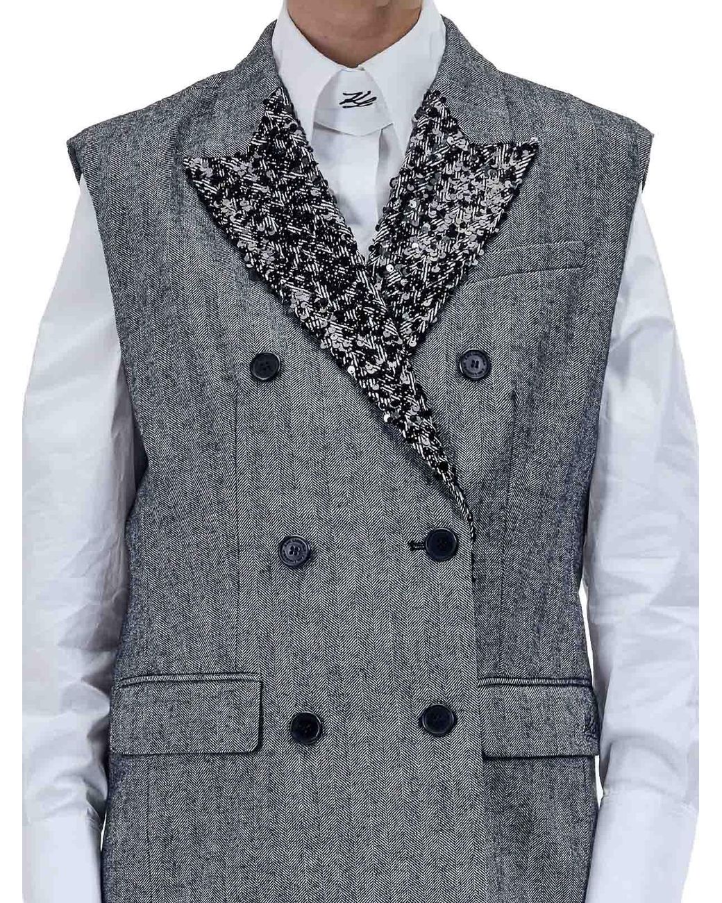 Karl Lagerfeld Gray Embellished Lapel Tweed Gilet