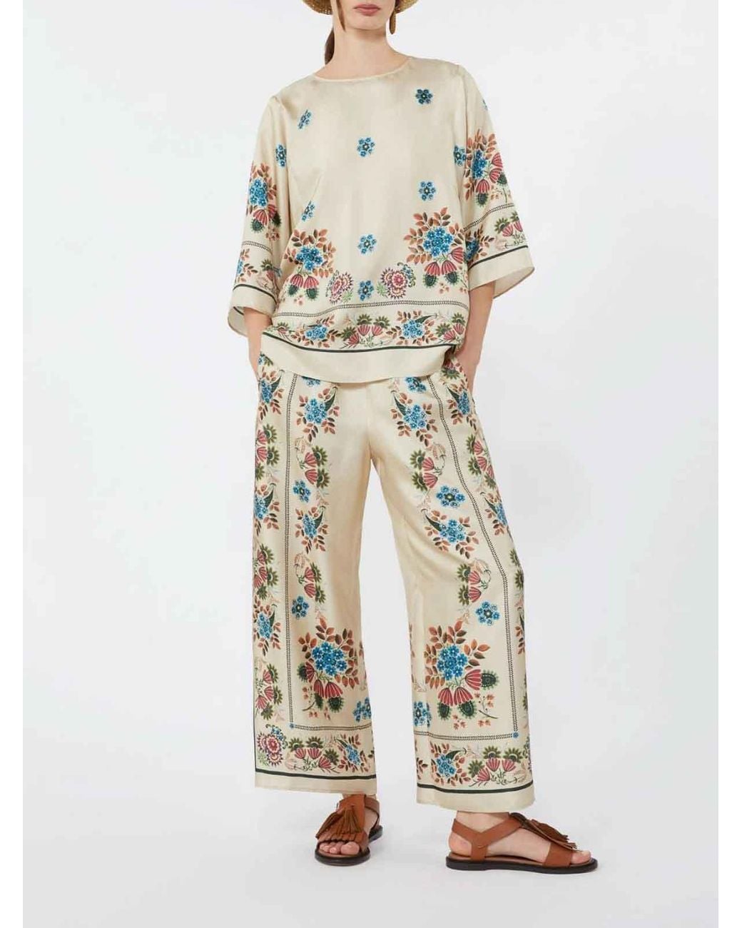 Weekend by Maxmara White Silk Floral Trousers