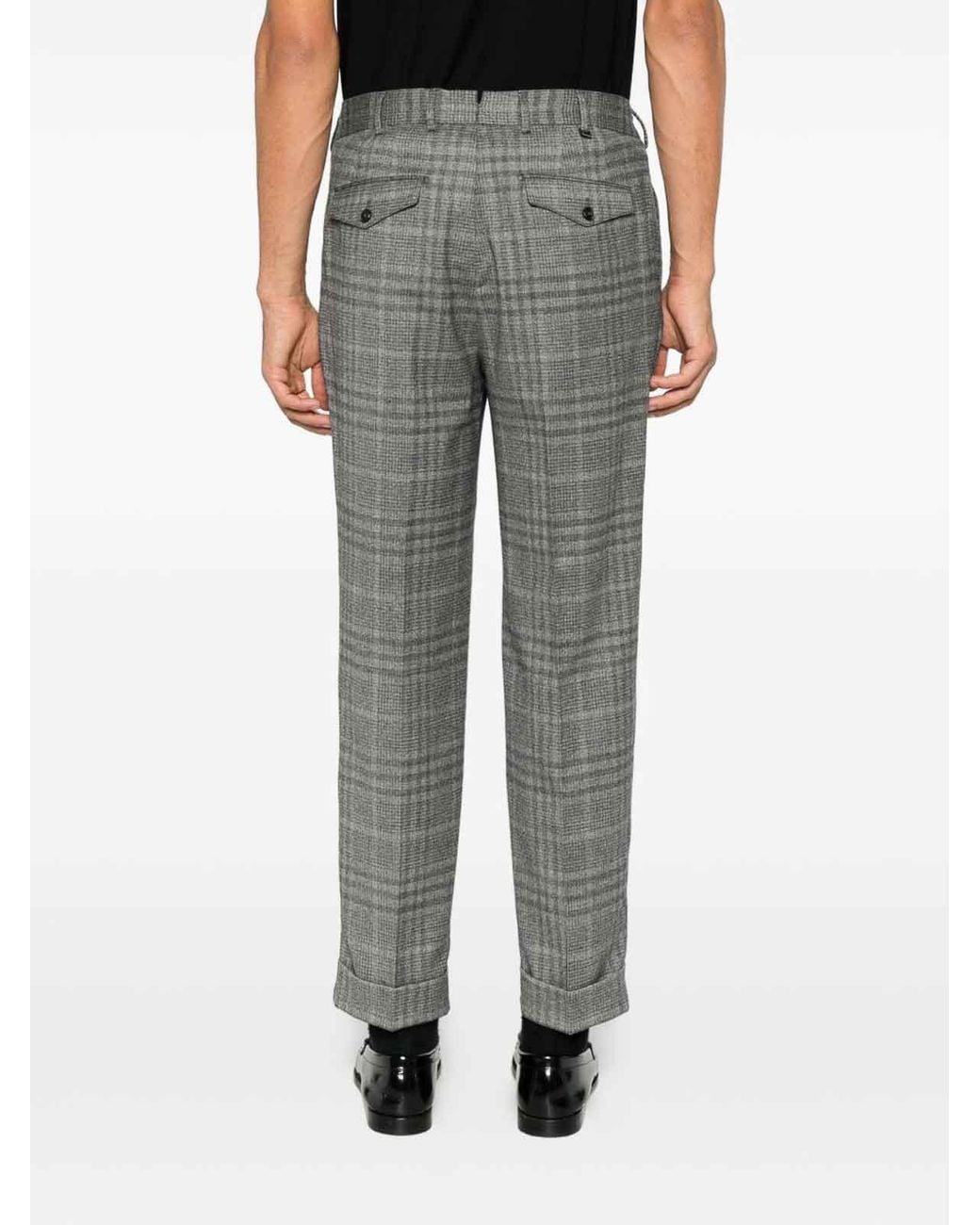 PT Torino Gray Checked Trousers With Turn-Up Hems for men