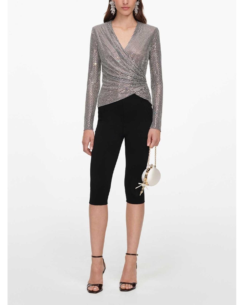 Self-Portrait Gray Rhinestone Mesh Wrap Top