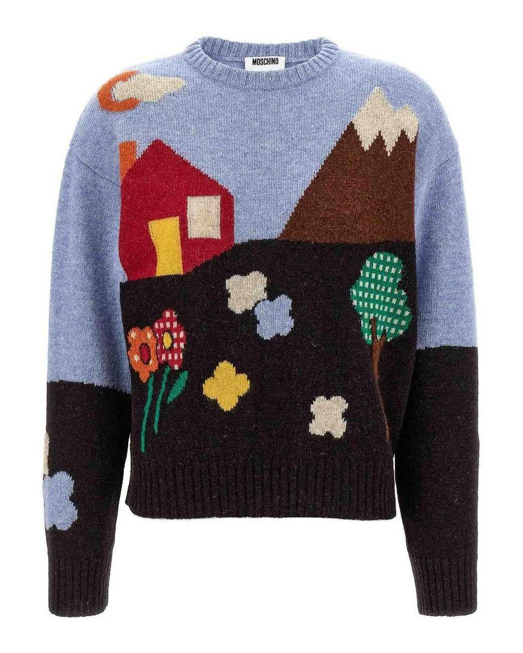 Moschino Blue Shetland Wool Sweater With Landscape Intarsia
