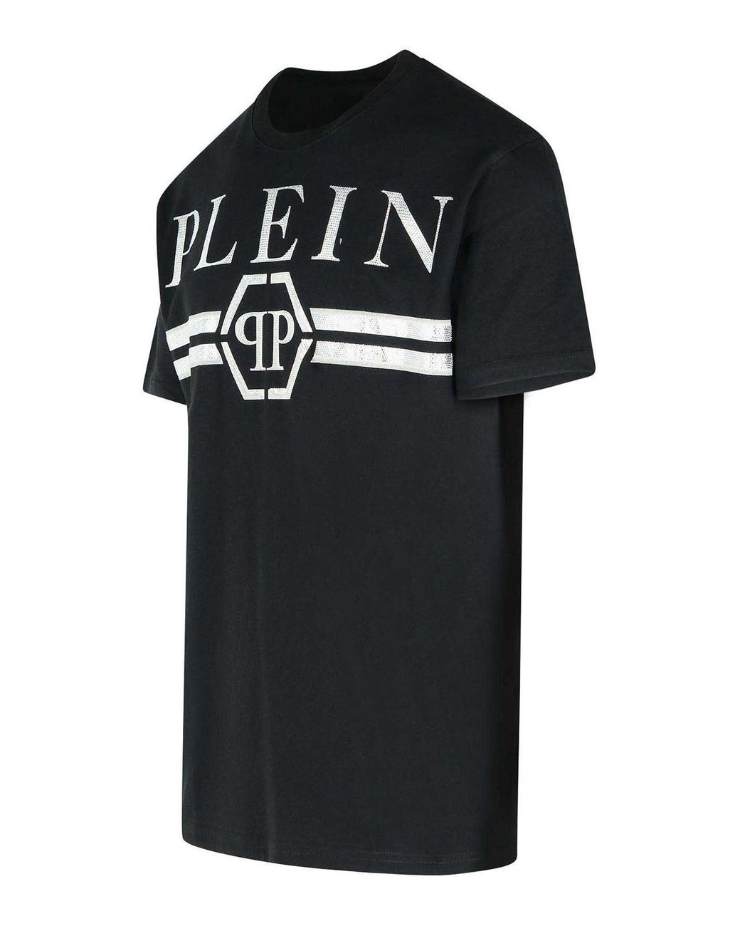 Philipp Plein Black Round Neck T-Shirt Full Of Stones Stripes for men