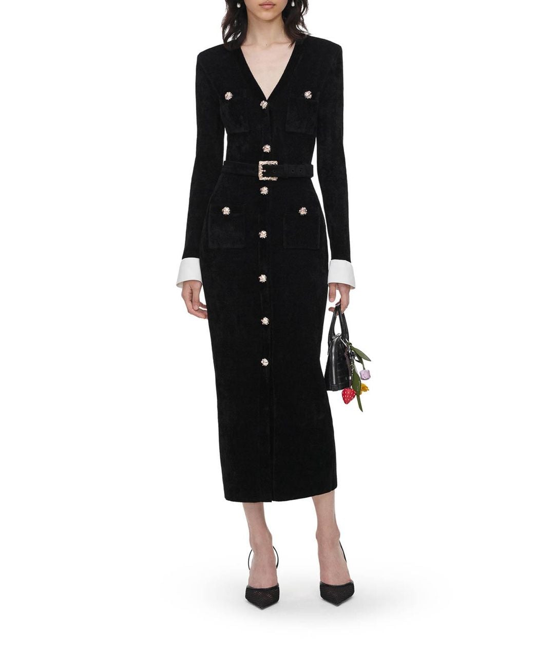 Self-Portrait Black Velvet Midi Dress With Jewel Buttons And Belt