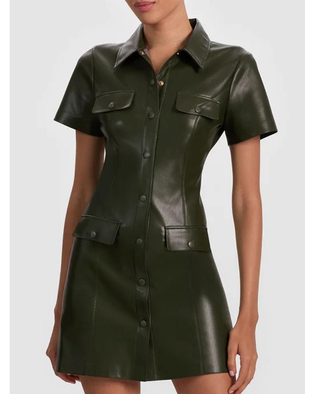 Alice + Olivia Green Jamie Vegan Leather Collared Shirtdress