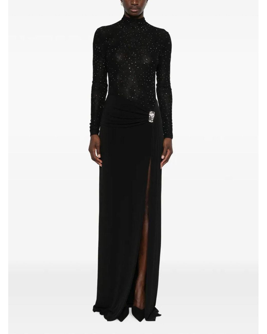 Nissa Black Rhinestone-Embellished Lace Maxi Dress
