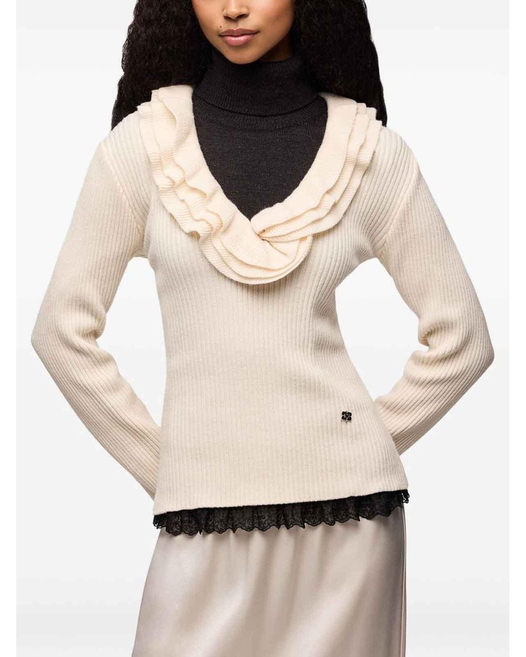 Ganni White Ribbed Merino Wool Frill Sweater