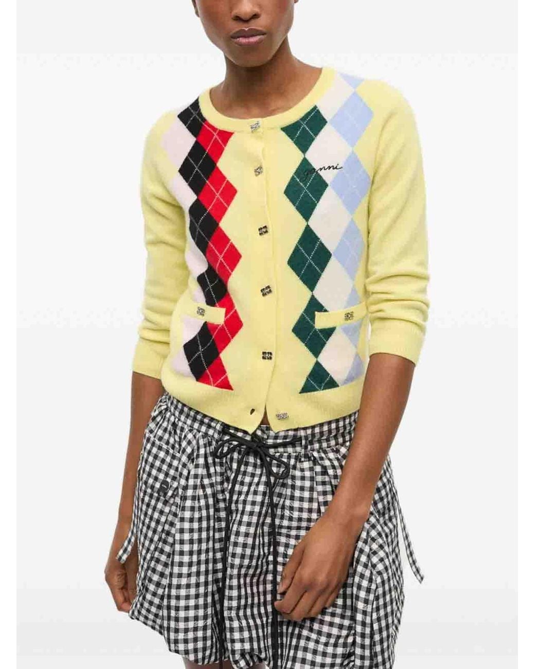 Ganni Yellow Long Sleeve Checkered Sweater With Button Closure