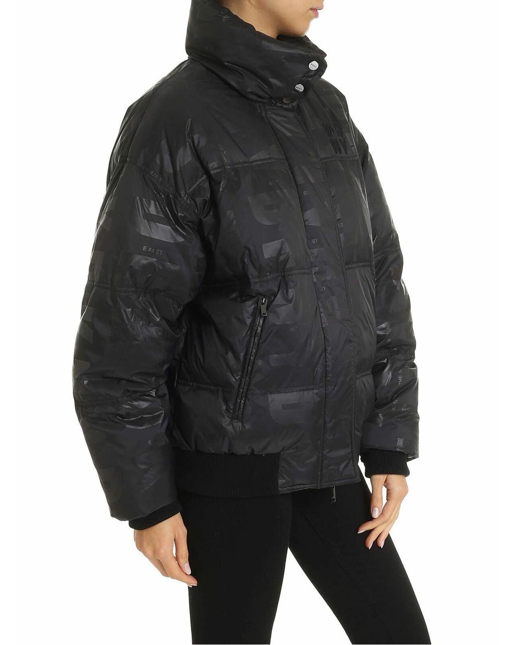 DKNY Black Down Jacket With Logo Prints