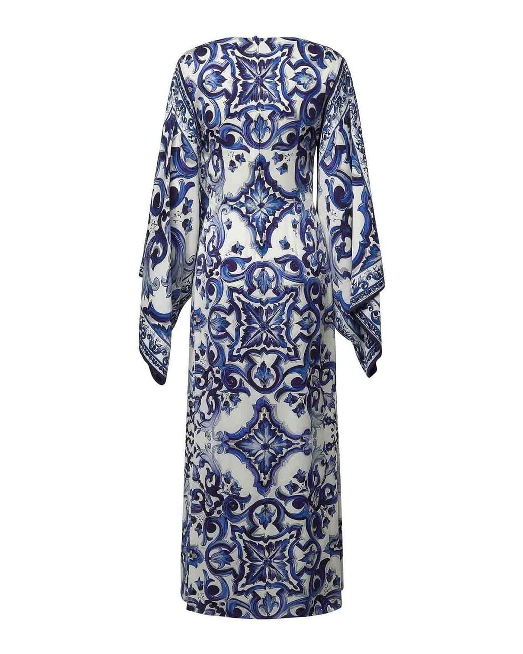 Dolce & Gabbana Blue Majolica-Print Charmeuse Long Dress