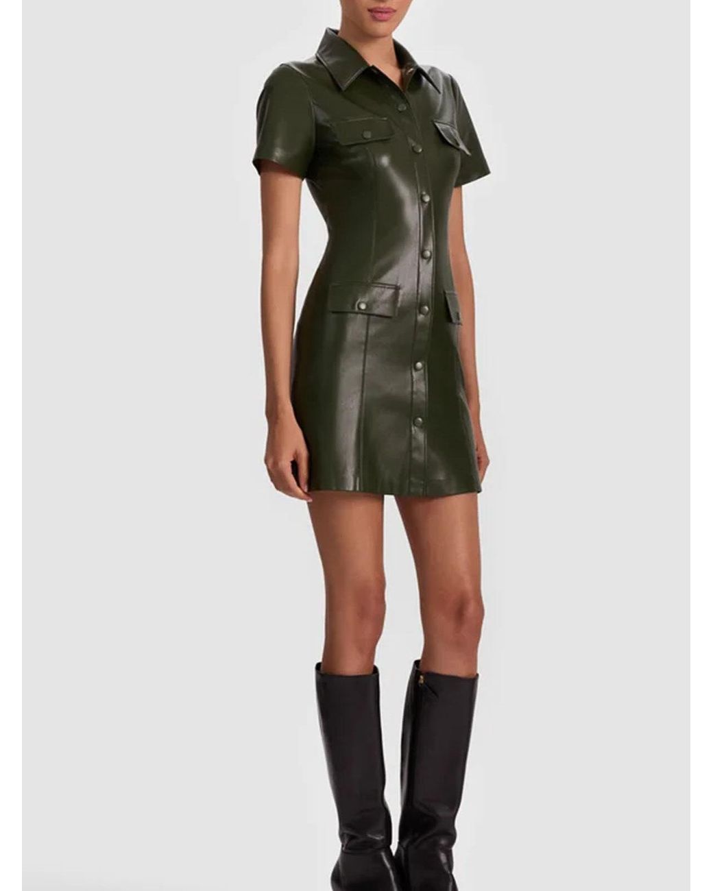Alice + Olivia Green Jamie Vegan Leather Collared Shirtdress