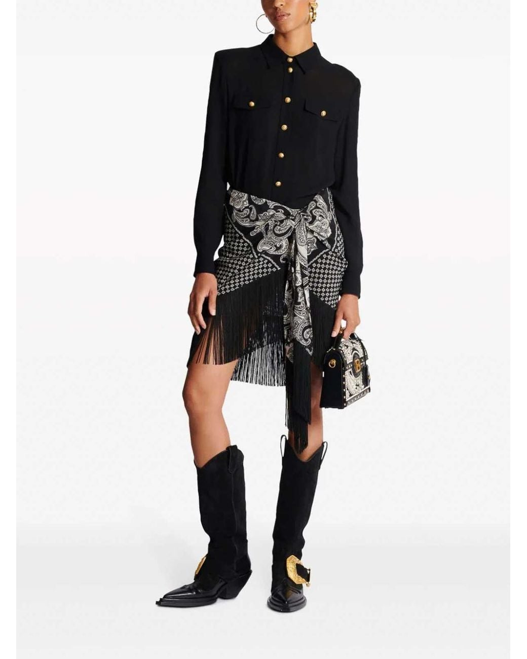 Balmain Black Fringed Silk Scarf Skirt