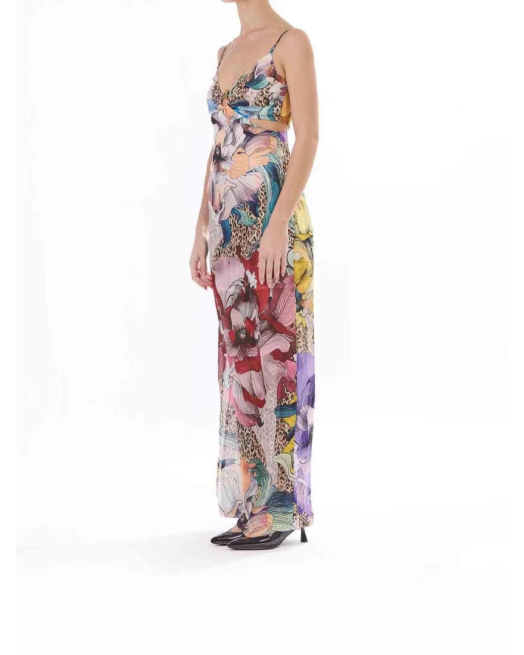 Just Cavalli White Long Element Dress Chiffon Print Flowers